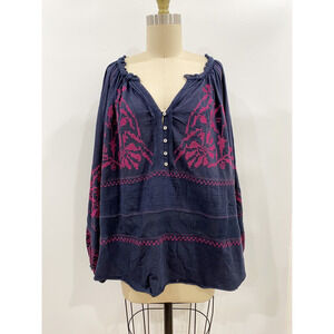Free People Womens Tunic Top Blue Long Sleeve Peasant V Neck Embroidered Boho S